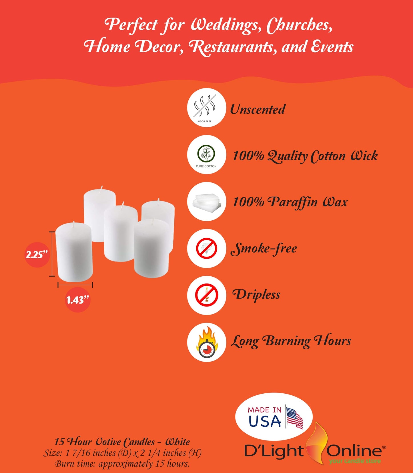 D'light Online 15 Hour Unscented White Emergency And Events Bulk Votive Candles For Wedding Votives, Luminary Candles, Restaurants, Churches, Synagogues, Parties and Decor (Set of 72 - White, 15 Hour)