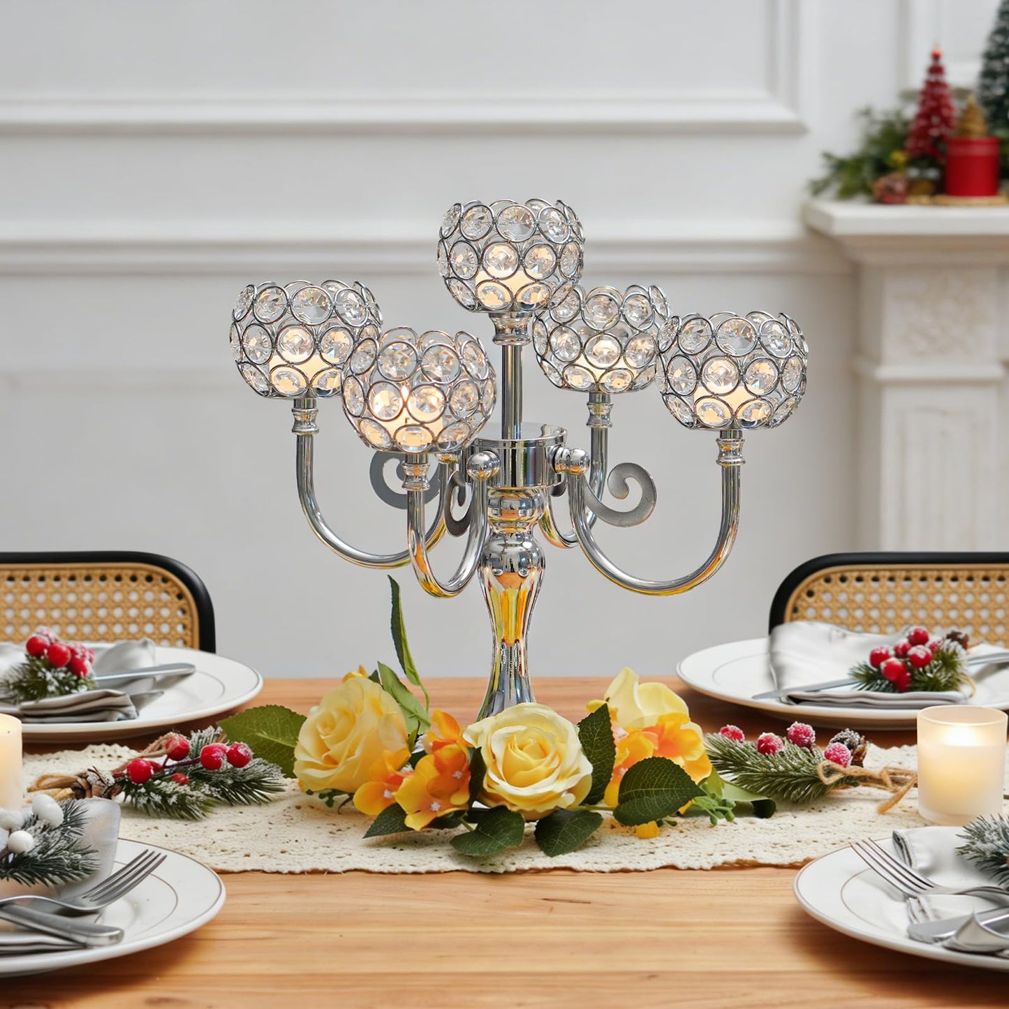5 Arm Metal Crystal Candelabra Centerpiece - 13.4 Inch Elegant Candle Holder with Crystal Beads for Wedding Party Christmas Home Dining Table Decoration (2, Silver)