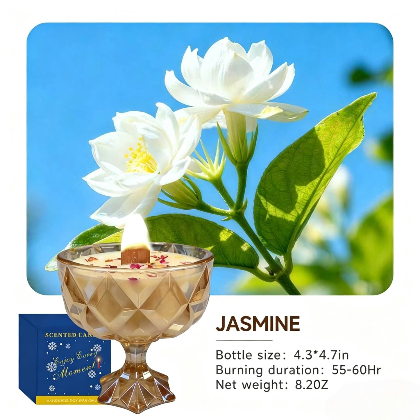 Joo Sko Diamond Bowl Shape Soy Wax Jasmine Scented Candle, Aromatherapy Jar Candles for Home Scented or As a Christmas Holiday Candle Gift for Your Lover(8.2OZ/60Hours Burning)