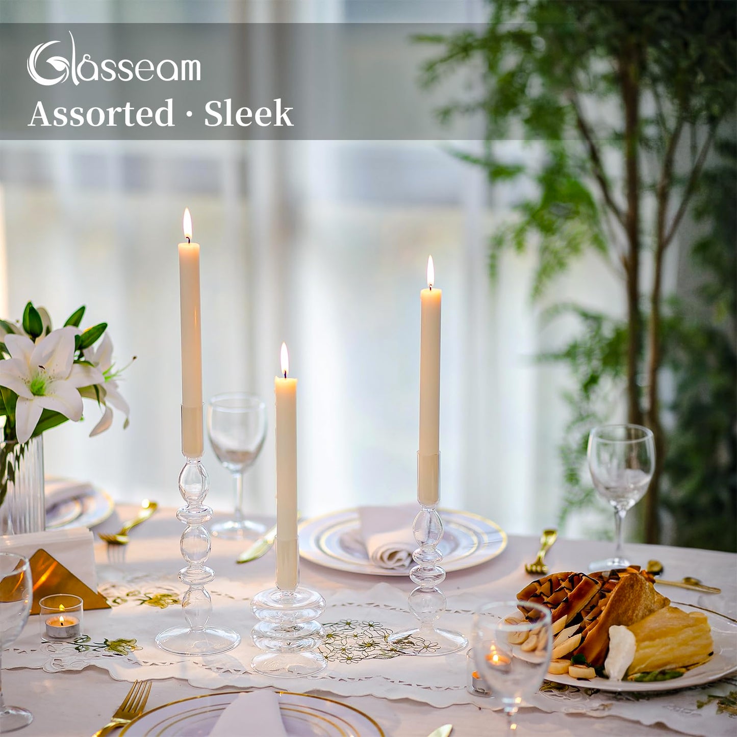 Glasseam Glass Candle Stick Holder: Clear Taper Candle Holders Set of 3, Modern Candlestick Holders for Taper Candles, Decorative Candle Holder for Table Centerpiece Wedding Party Christmas Decoration