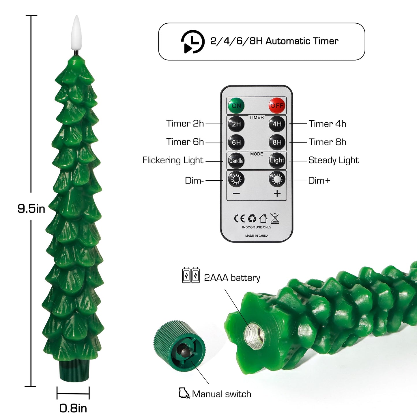 yunsheng 3Pcs Christmas Tree Candles with Remote Timer, Green Real Wax Flameless Taper Candles Flickering, 9.5 Inches Battery Operated LED Window Candle for Home Holiday Decor