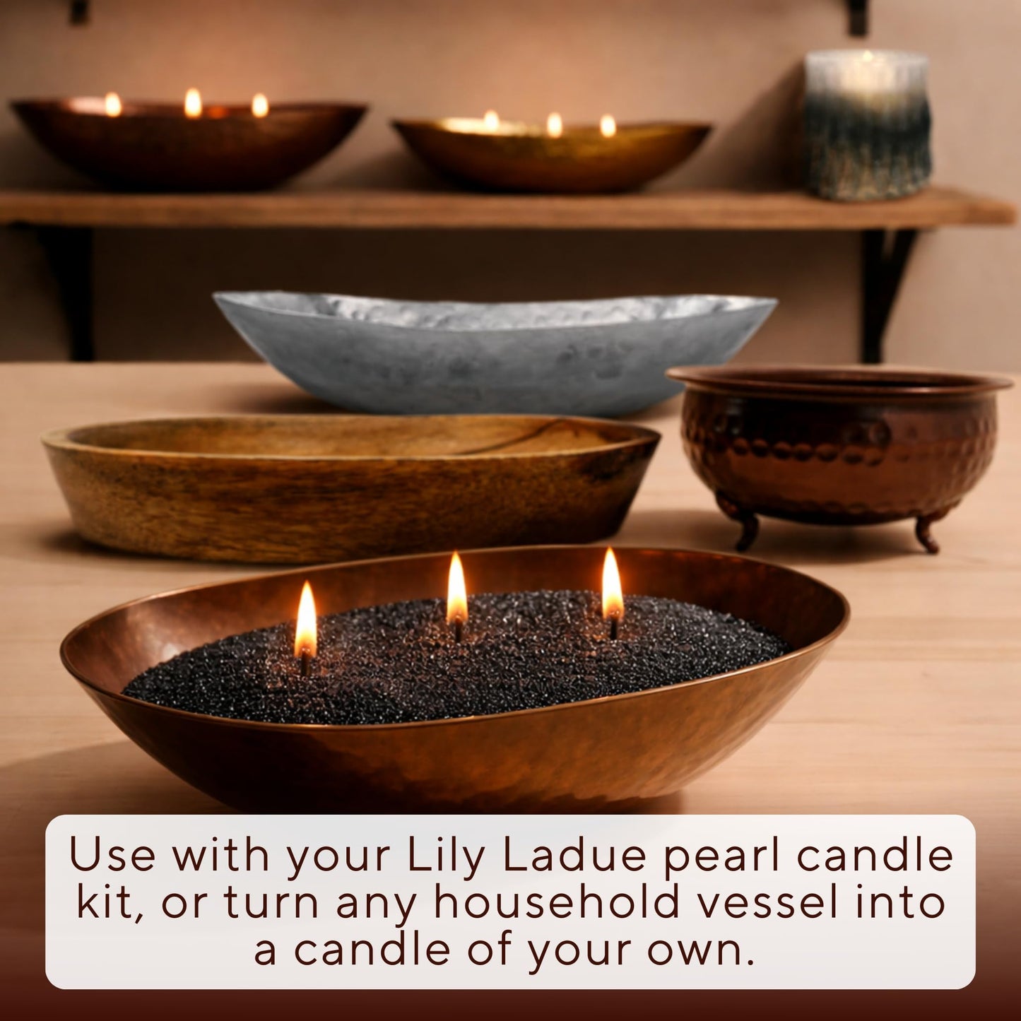 LILY LADUE Black Sand Candle Kit - 1Lb/16Oz Pearled Candles Sand and Wicks (24) with Platinum Holder, Unscented Aroma Beads, Reusable Pearled Candle Wax for DIY Home Kit, Powder Beads Refill Available