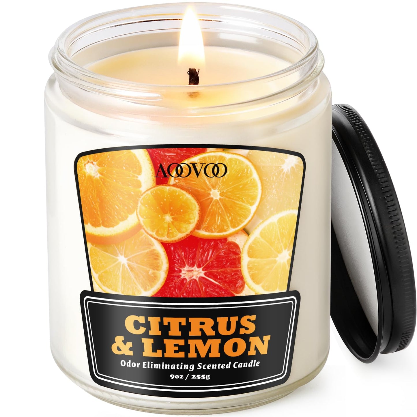 AOOVOO Citrus Lemon Odor Eliminating Candle - 9 oz Non Toxic Highly Fragranced Air Freshing Soy Candle, Eliminates 95% of Smoke, Pet, Food, and Other Smells Quickly, Up to 50 Hours Burn time