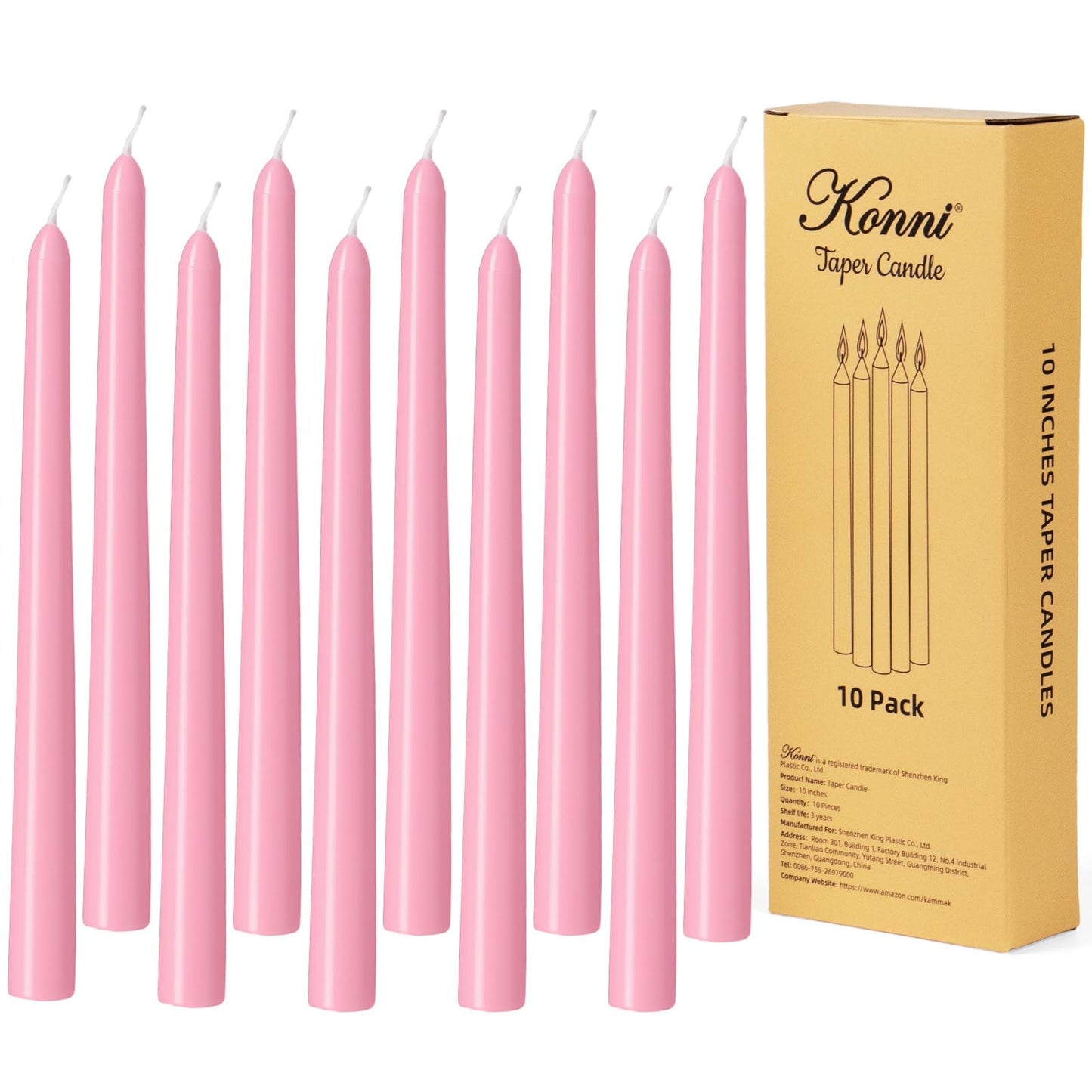 KONNI 0.87×10 Inch Pink Taper Candles, Unscented and Smokeless Tall Candlesticks, 10 Pack Tapered Candles with Cotton Wicks, Long Burning, Ideal for Weddings, Dinner Parties, and Home Décor