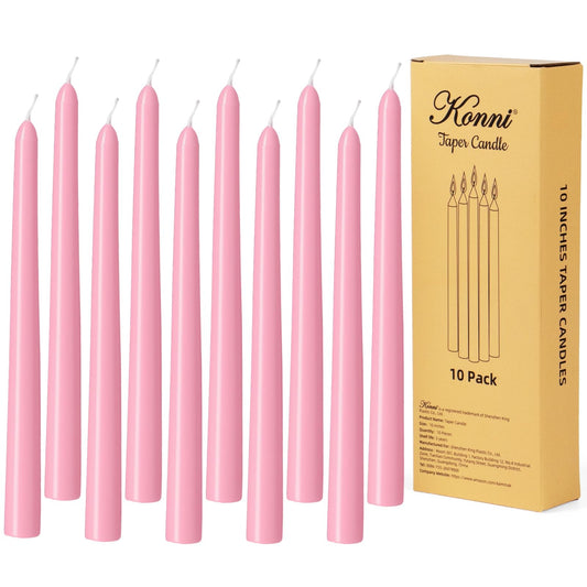 KONNI 0.87×10 Inch Pink Taper Candles, Unscented and Smokeless Tall Candlesticks, 10 Pack Tapered Candles with Cotton Wicks, Long Burning, Ideal for Weddings, Dinner Parties, and Home Décor