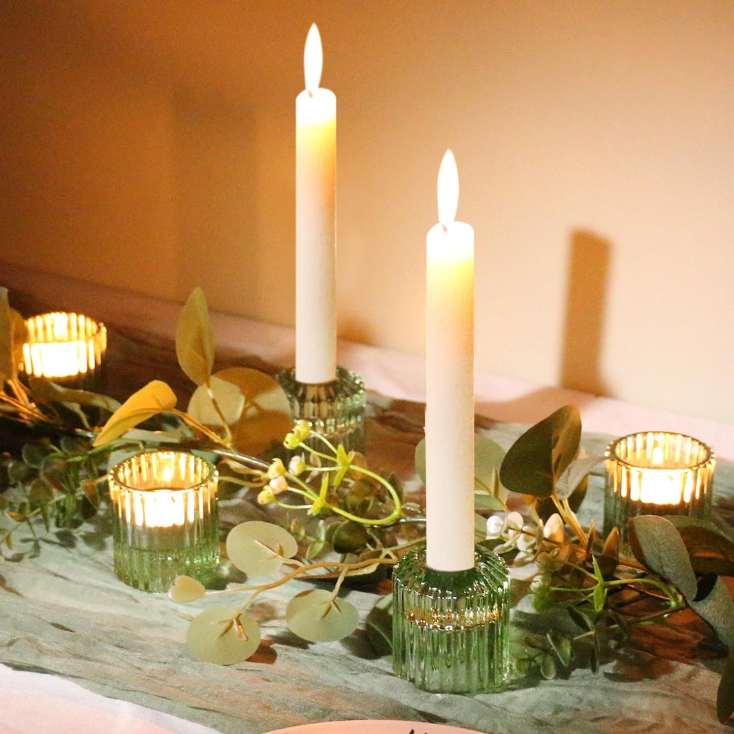 CHOCSTAY Reversible Green Glass Candle Holder Set of 6, Thick Heat-Resistant Glass Candlestick Holders for Taper, Tealight, Votive, LED Candles, Perfect for Wedding, Party, Home Décor