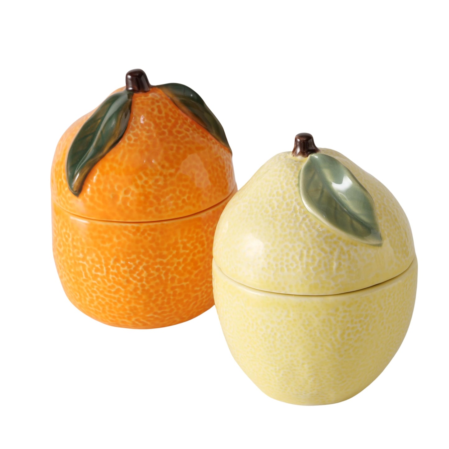 WHW Whole House Worlds Citrus Shaped Candles, Set of 2, 1 Lemon Yellow and 1 Bright Orange Ceramic Jars with Lids, Long Burn Time, 13 hours burn time, 4.75 Inches Each