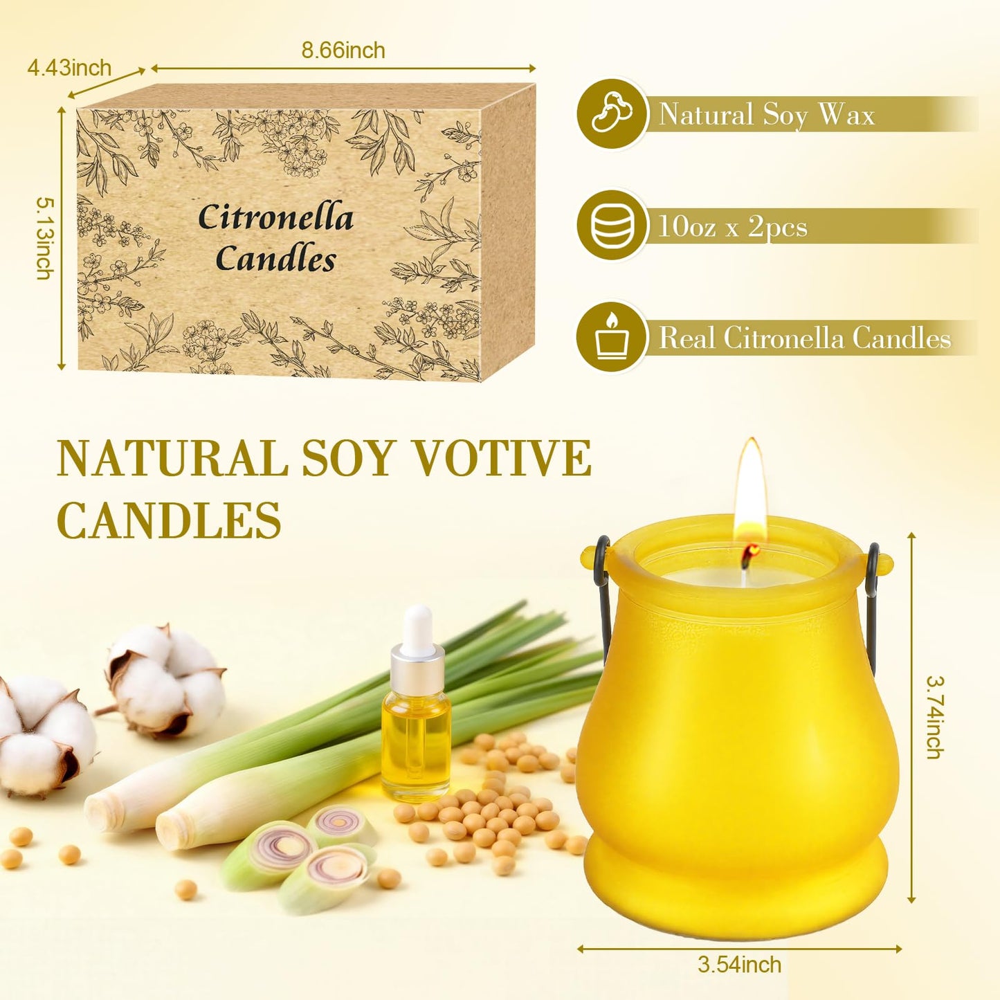 Citronella Candles Outdoor, 2 Pack 20oz Soy Wax Large Citronella Candles, 120 Hours Long Lasting Lemongrass Jar Candles Lantern for Patio Garden Camping Balcony Backyard Home, Summer Gift
