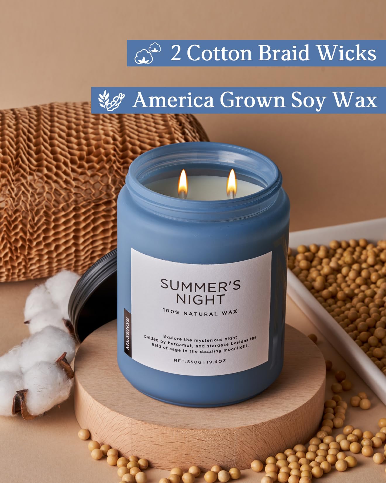 M&SENSE Summer's Night Scented Candles for Home, 19.4oz Large Natural Organic Soy Candles, 110 Hours Long Lasting, Non Toxic Clean Burn, Strong Manly Romantic Scent for Bath Stress Relief Relaxation