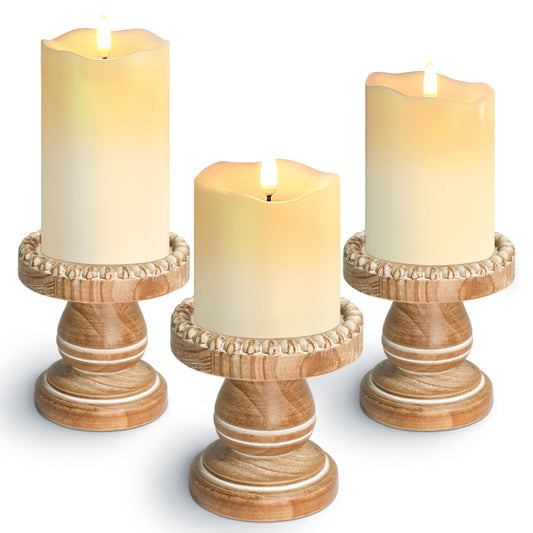 Small Candle Holder for Pillar Candle Set of 3, Farmhouse Wood Candle Holder, Rustic Wooden Candle Stand, Vintage Candle Stand Decorative for Living Room, Table Centerpiece, Washed Brown
