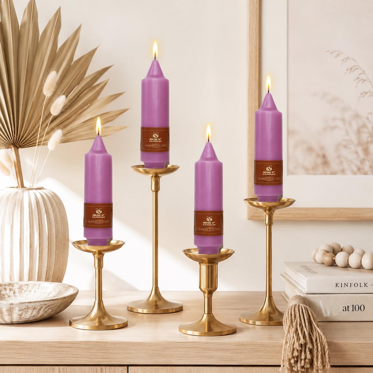 Short Taper Candles Set of 4, 5 Inch Plum Purple Handmade Candlesticks, Unscented Tapered Candles, Candle Sticks for Wedding Dinner Table Home Decor Gift