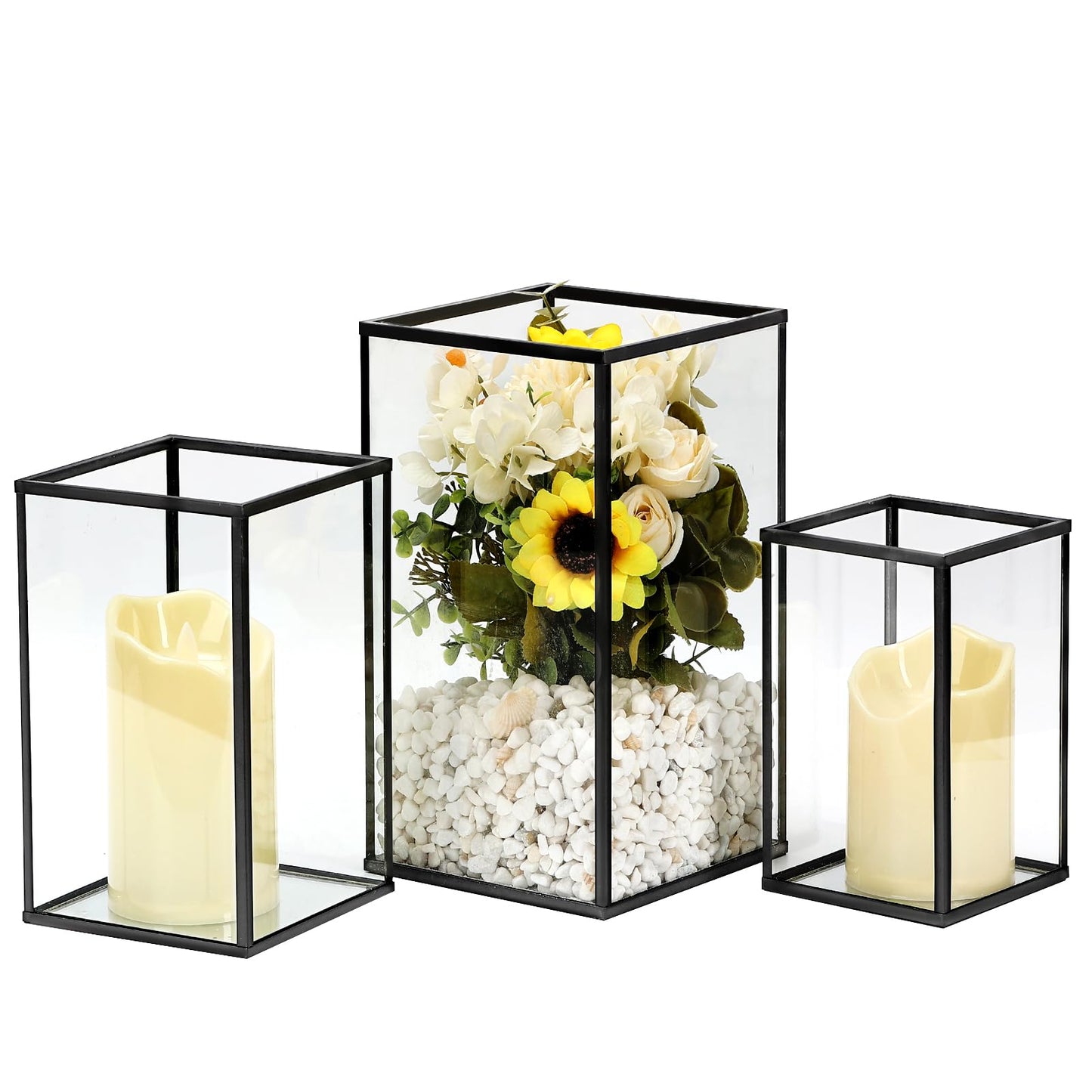 PHOSPHOR Hurricane Glass Candle Holder Set of 3 Pieces Black Hurricane Candleholders for Wedding Party Holiday Birthday Home Decor Lanter