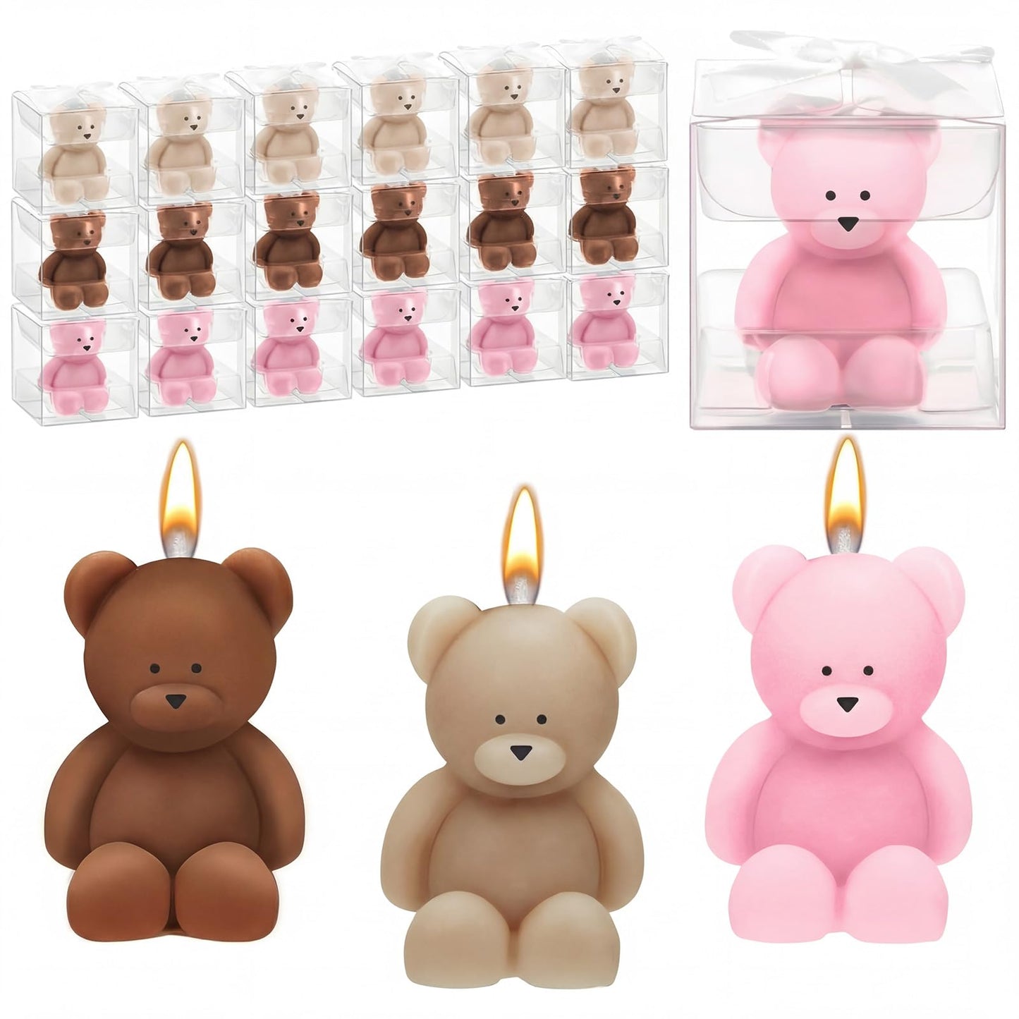 Dansib 50 Pcs Bear Baby Shower Candle Favors for Guest Bear Party Favors Baby Shower Candles Bulk for Gifts Party Decorations (Light Brown,Dark Brown,Pink)