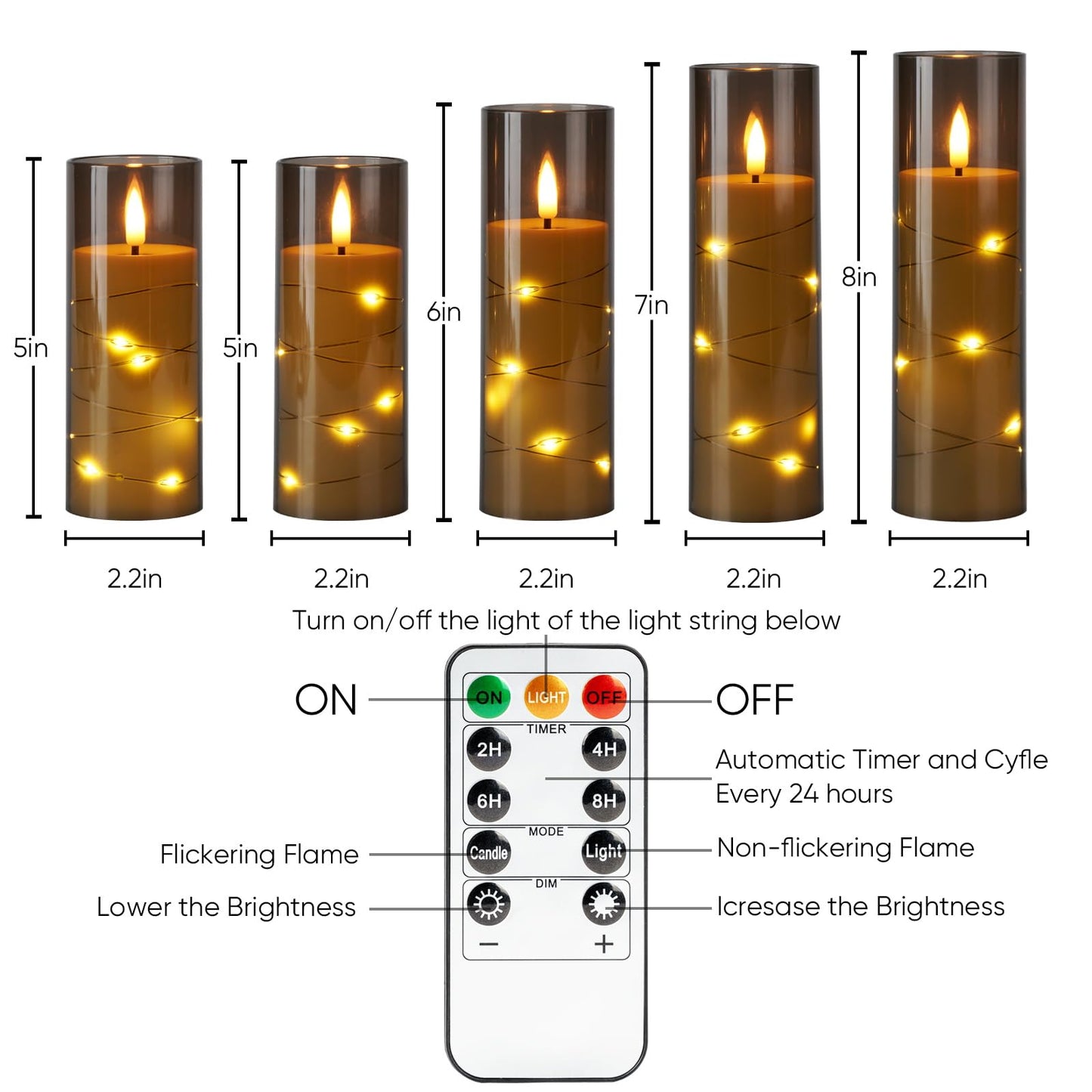Homemory Flameless Candles with Star String Fairy Lights, Battery Operated Candles, LED Candle, Fake Candles with Remote Control and Timer, Modern Home Decor, Grey, Set of 5