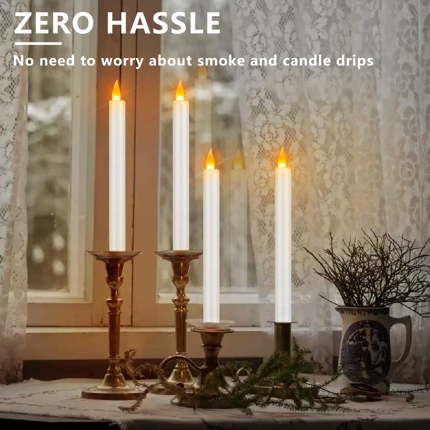 wemarry Flameless Taper Candles 10" Dripless Battery Operated Taper Candles Included Remote Timer 400+ Hours by 2AA Batteries for Halloween Christmas Wedding (White, 12 Pack)