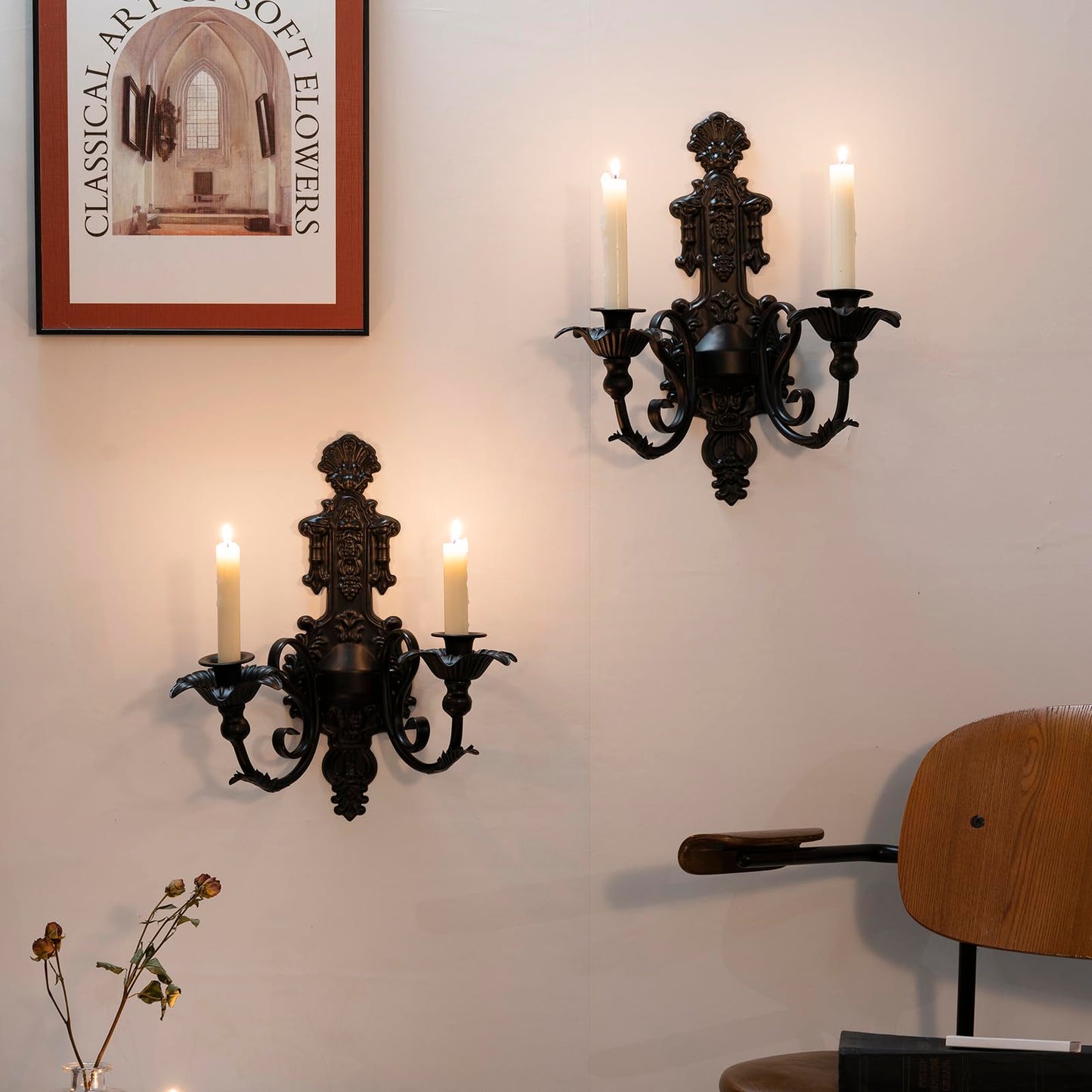 CC wonderland zone Candle Sconce(Set of 2)-Metal Gothic Wall Decorations-Rustic Home Decor-Black Gold Wall Candle Sconces,Dark Academia Decor