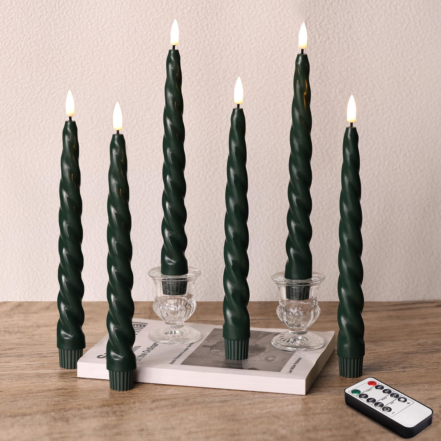Girimax Dark Green Spiral Flameless Taper Candles with Remote, Flickering LED Wax Candlesticks Battery Operated Home Wedding Decor Set of 6