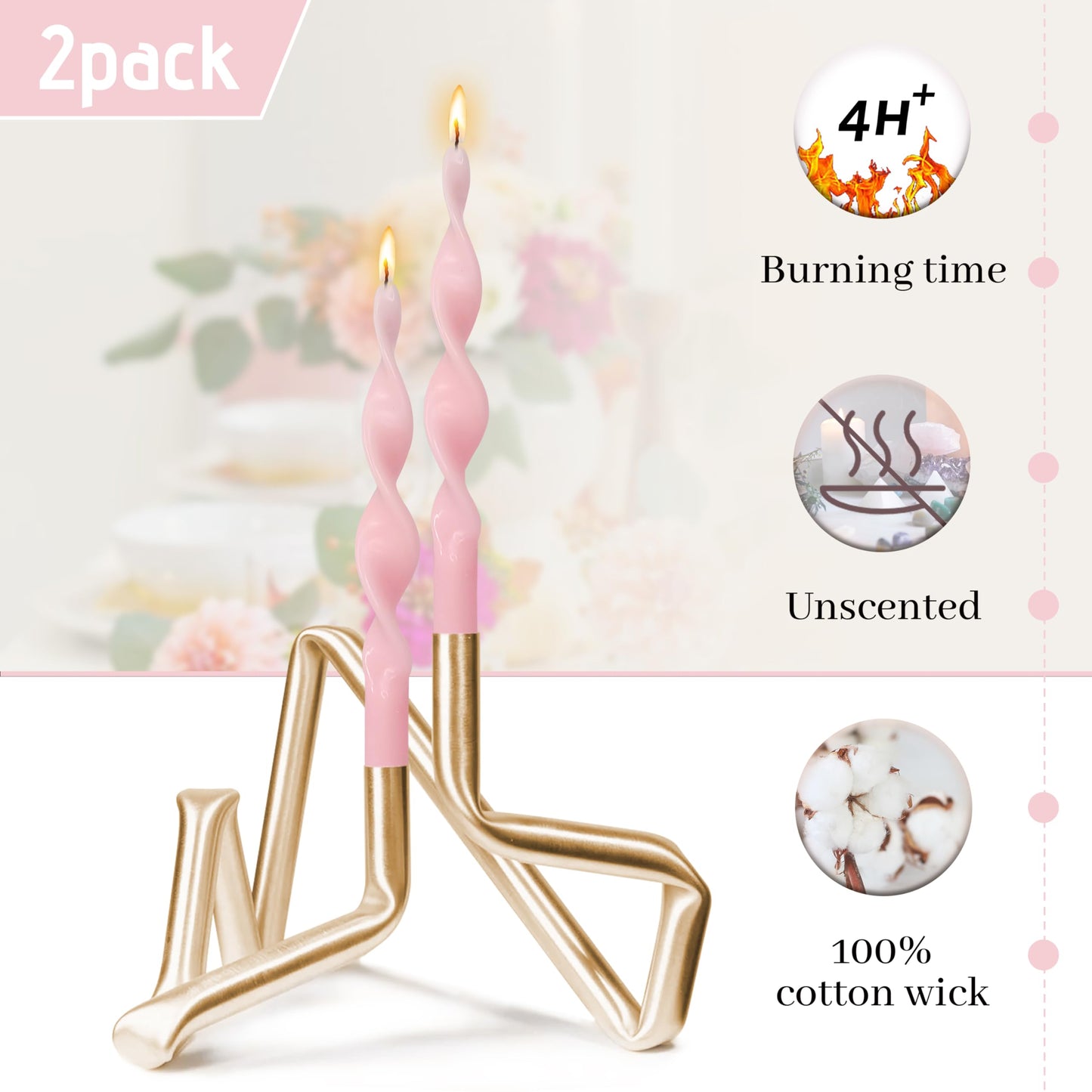 Smokeless Pink Spiral Taper Candle Handmade Unscented Taper Candlesticks 10 Inch Long Twisted Candles for Candlelight Dinner Decor Wedding Women Gifts 2 Pcs
