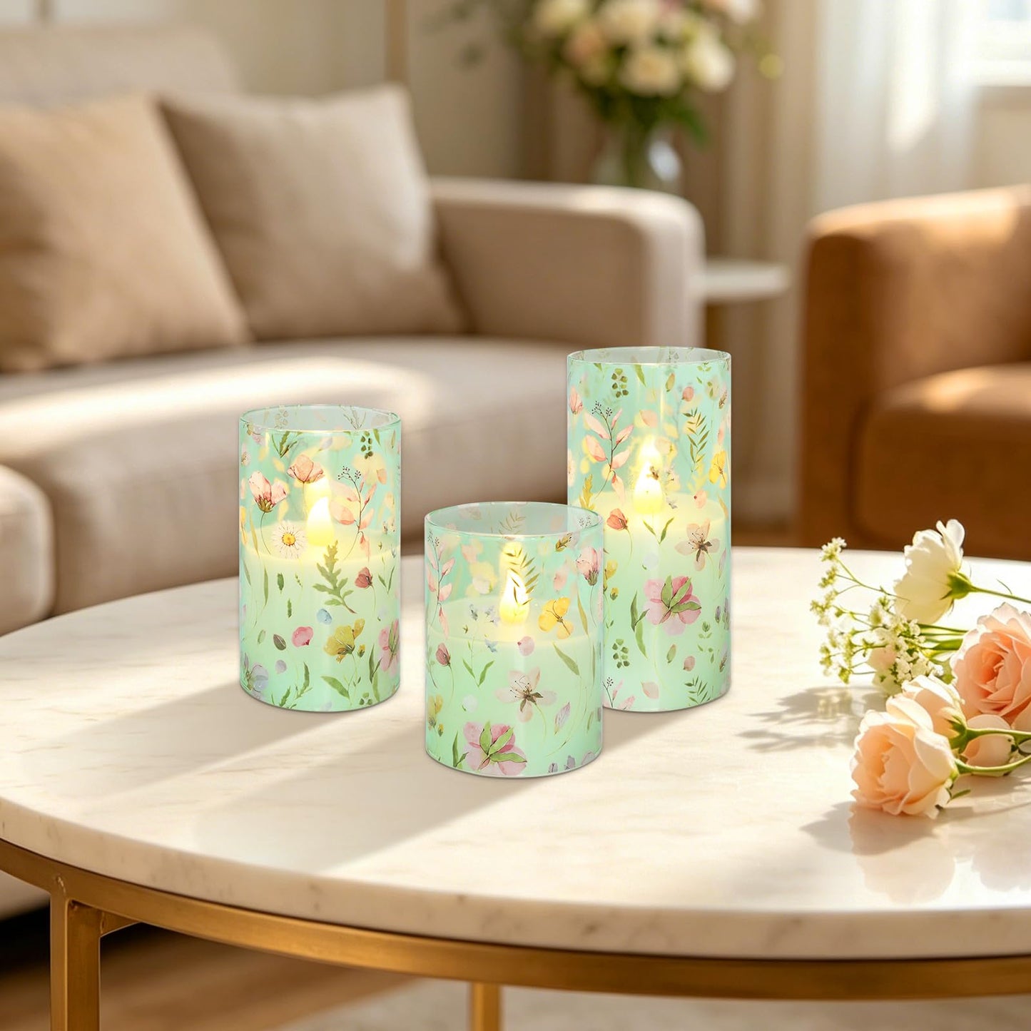 Impress Life Spring Decor Flameless Candles with Remote, 3PC Battery Operated Real Wax LED Candle, Pink Floral Decals with Flickering 3D Wick for Home Centerpiece