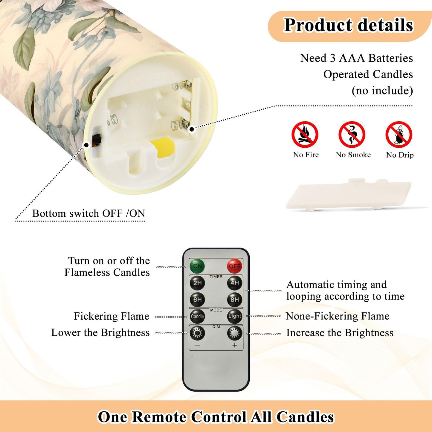 ALAZA Pink Flowers Flora Flickering Flameless Candles Battery Operated with Remote Timer,Tea Light Candles LED Pillar Votive Set of 2 for Outdoor Indoor Decorations 3" x5.9"