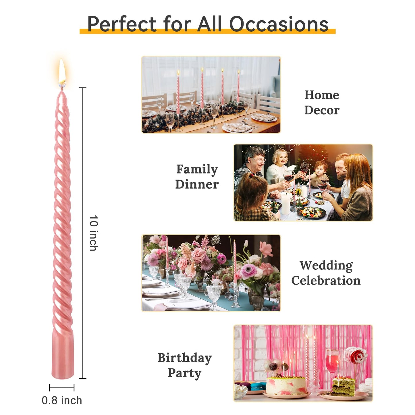 10 Inch Metallic Pink Spiral Taper Candles Set for Holiday Decor, 12 Pack Unscented Twisted Candlesticks, Dripelss Thin Tapered Candles for Wedding Dinner Holiday