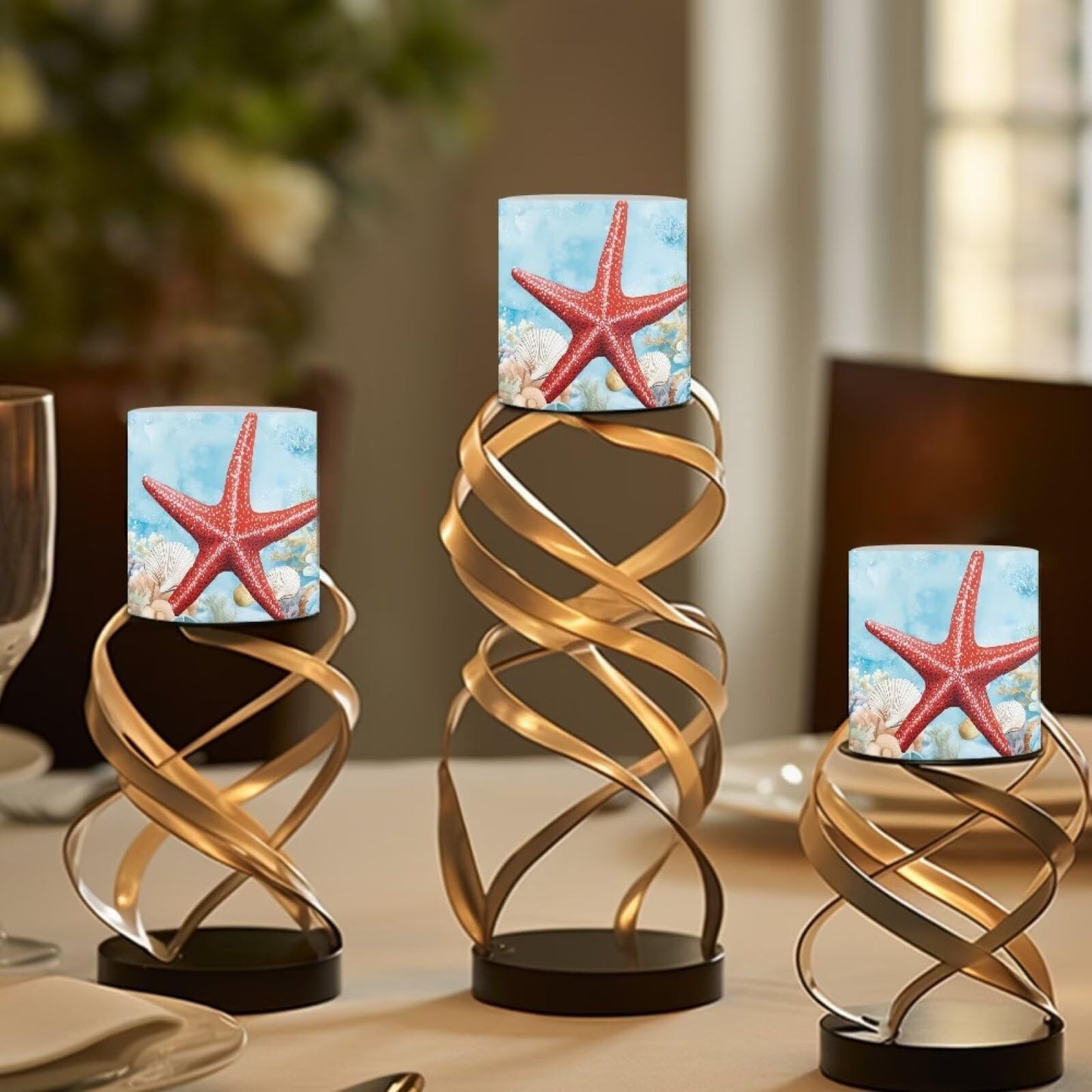 NETILGEN 4 Packs Decorative Flameless LED Candles Red Starfish Print Color Changing Battery Operated Flickering LED Pillar Candles with Remote Timer Control