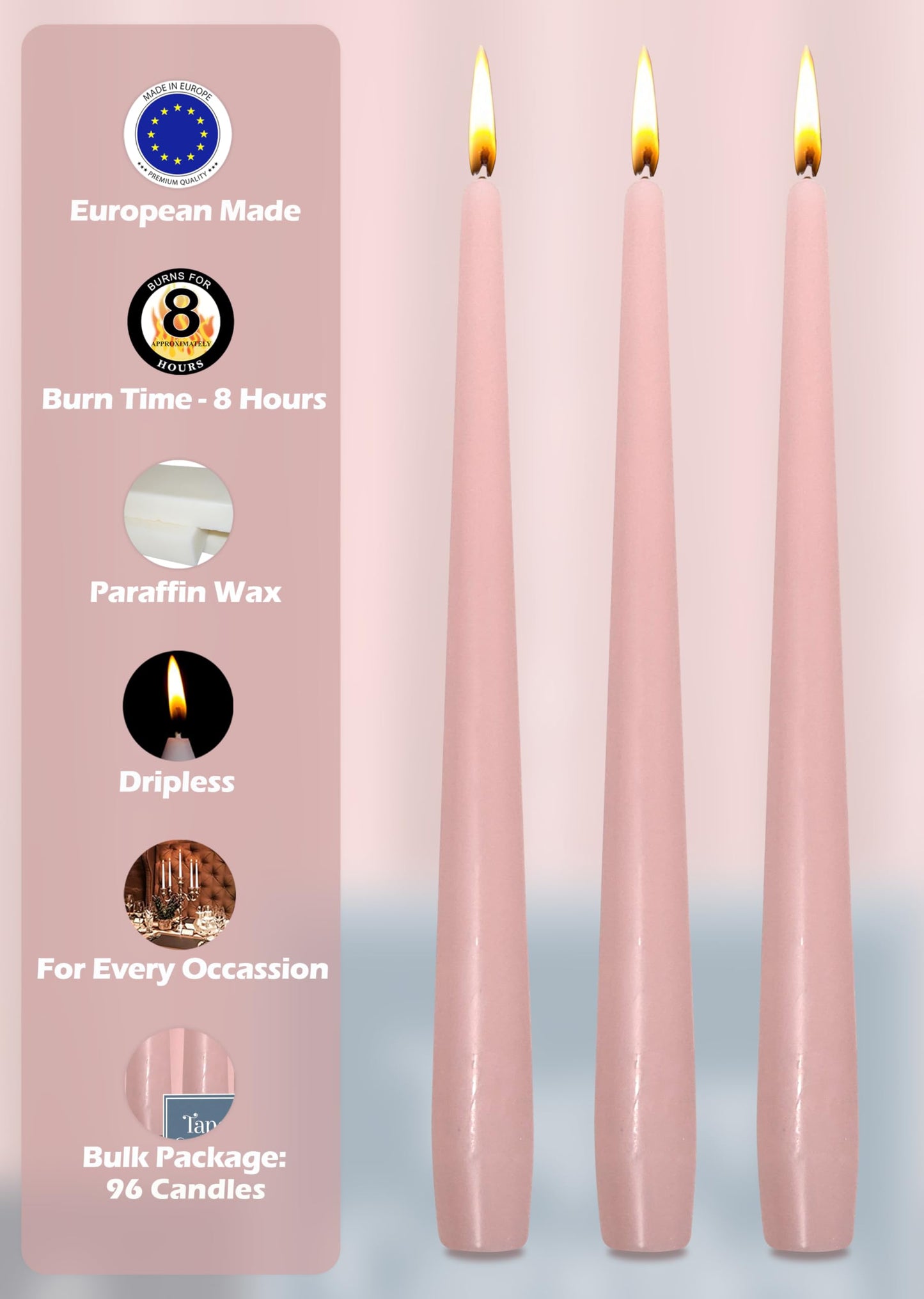 Hyoola Tall Taper Candles Bulk - 10 Inch Light Pink Unscented Dripless Taper Candles - 8 Hour Burn Time - 96 Pack
