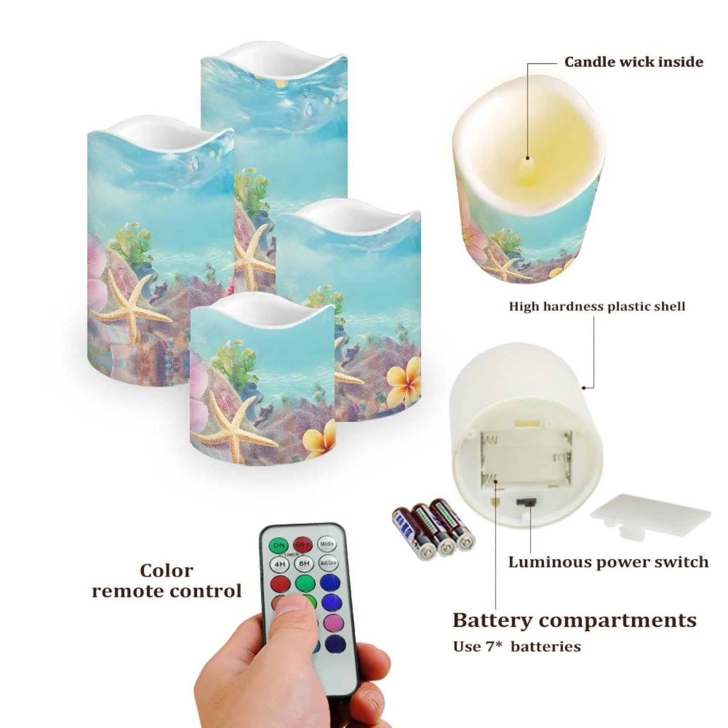 Cozeyat Coral Reef Flameless Candles Set of 4 Battery Powered with Remote Timer LED Candles Flickering Waterproof for Indoor Home Table Garden Beach