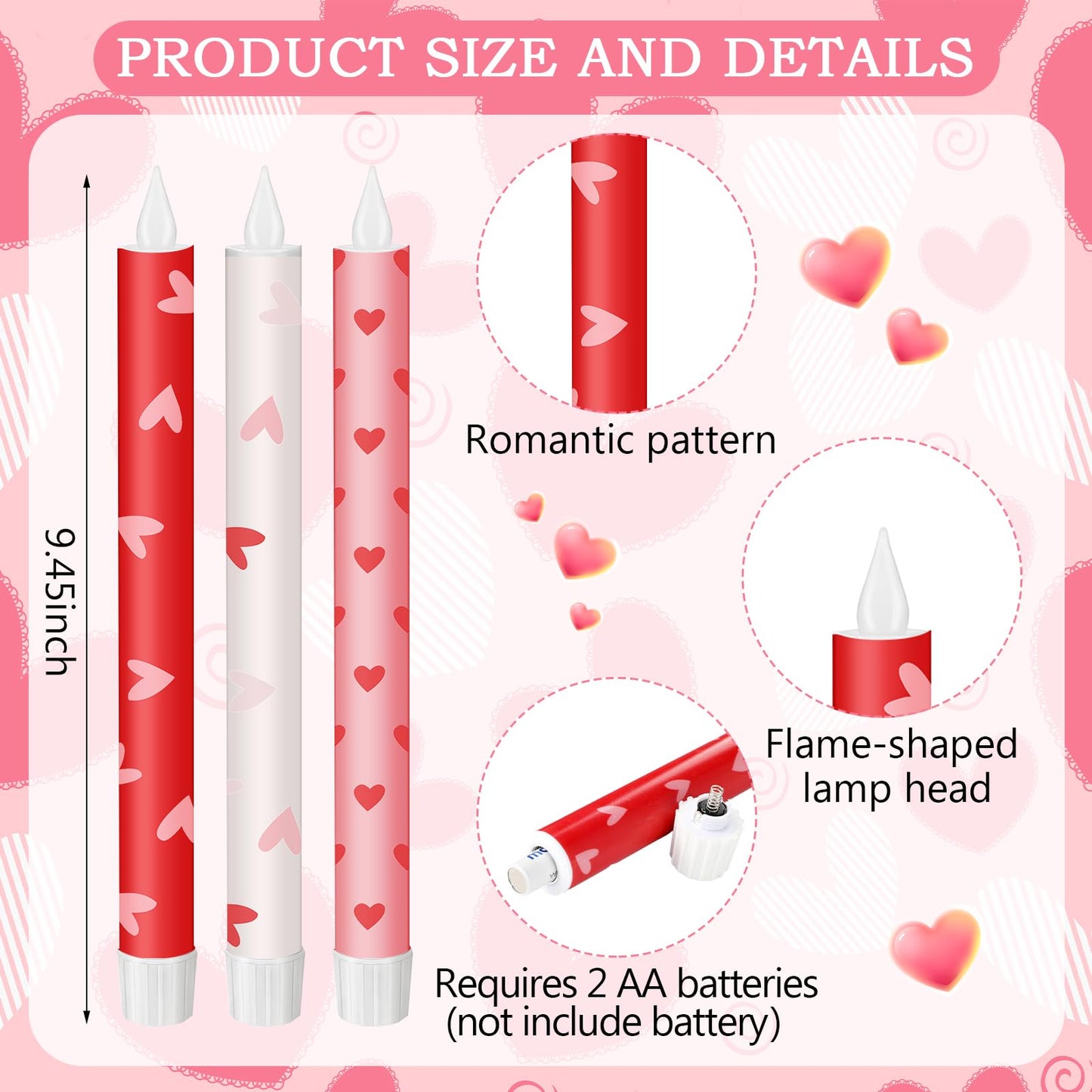 Lyrow 6 Pcs Valentine'day Flameless Taper Candles with Red Heart 11 Inch Real Wax LED Candles Flickering Battery Operated Candlesticks for Valentines Gifts Proposal Wedding Anniversary Romantic Night