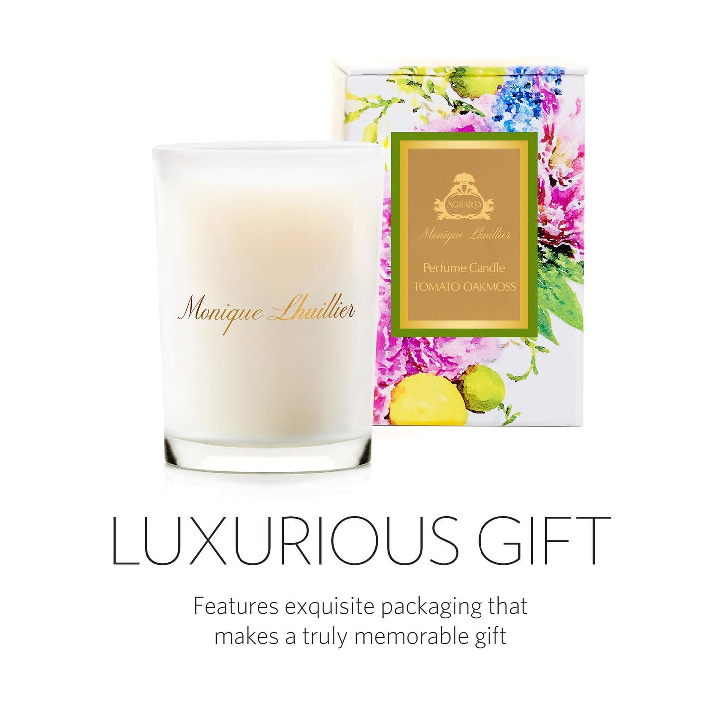 Agraria Monique Lhuillier Tomato Oakmoss Perfume Candle, 7 Oz, 40-50 Hours Flicker Time, Fresh Alluring Botanical Earthy Scented Candles for Home