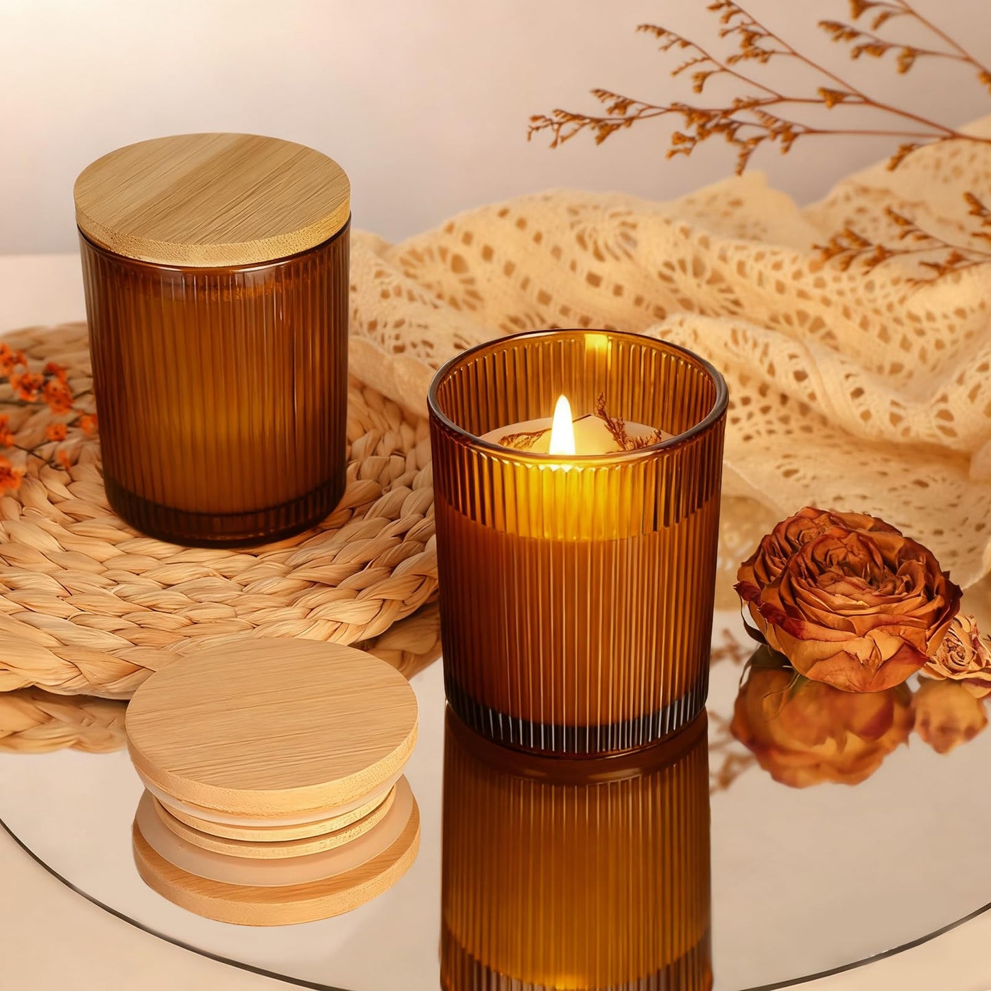 CONNOO 16pcs Ribbed Candle Glass Jars with Natural Bamboo Lids, 7oz Thick Containers for Candle Making with Wicks & Stickers, Ribbed Amber Jars for DIY Projects, Bulk Orders, Gifts & Home Décor
