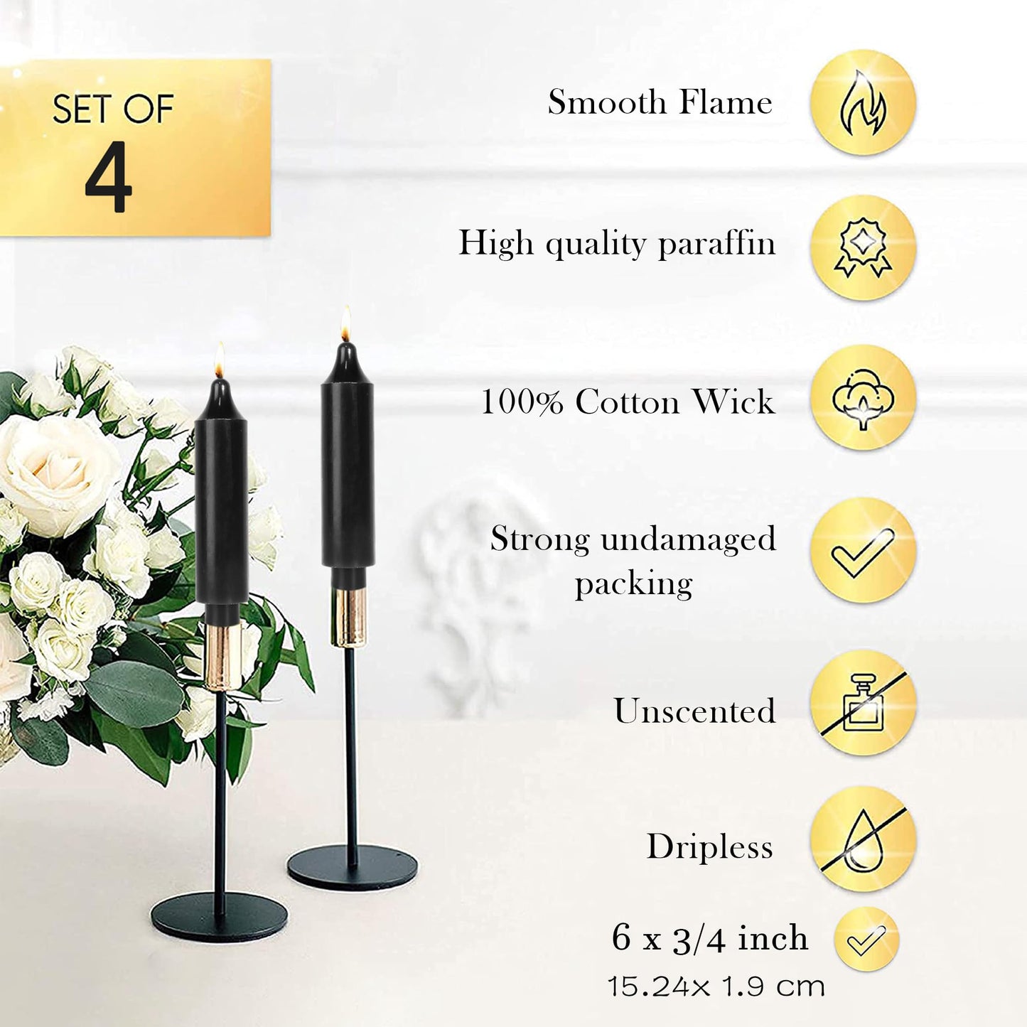 LPUSA Black Short Taper Candles 6 inch Candle Sticks Unscented Dinner Candle Dripless for Home Decor,Set of 4