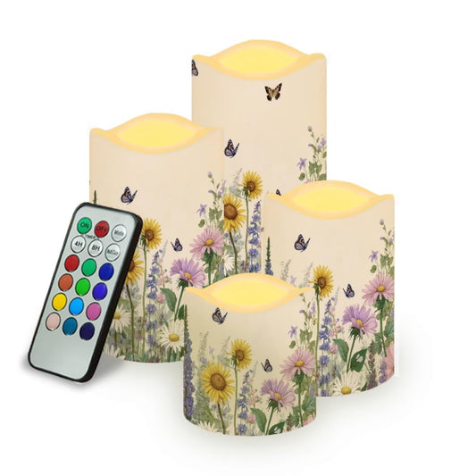 Cozeyat Daisy Field Garden Party Flameless Candles 4 Pack Battery Operated LED Pillar Candles with Remote Timer Flickering Waterproof for Indoor Outdoor Use