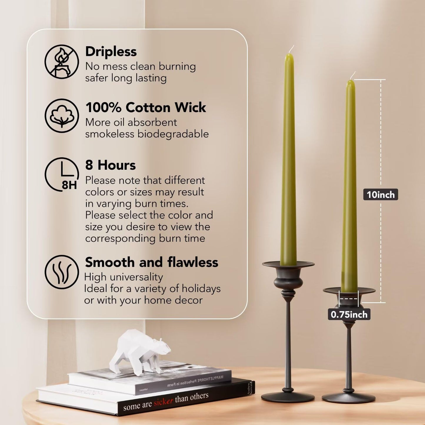 Pickood 10-Inch Tall Dripless Taper Candles Set of 4 - Olive Green Tapered Candles, Perfect for Halloween - Smokeless, Unscented, Long Burning - Hand Poured, Colored Tall Candlesticks - Oliva