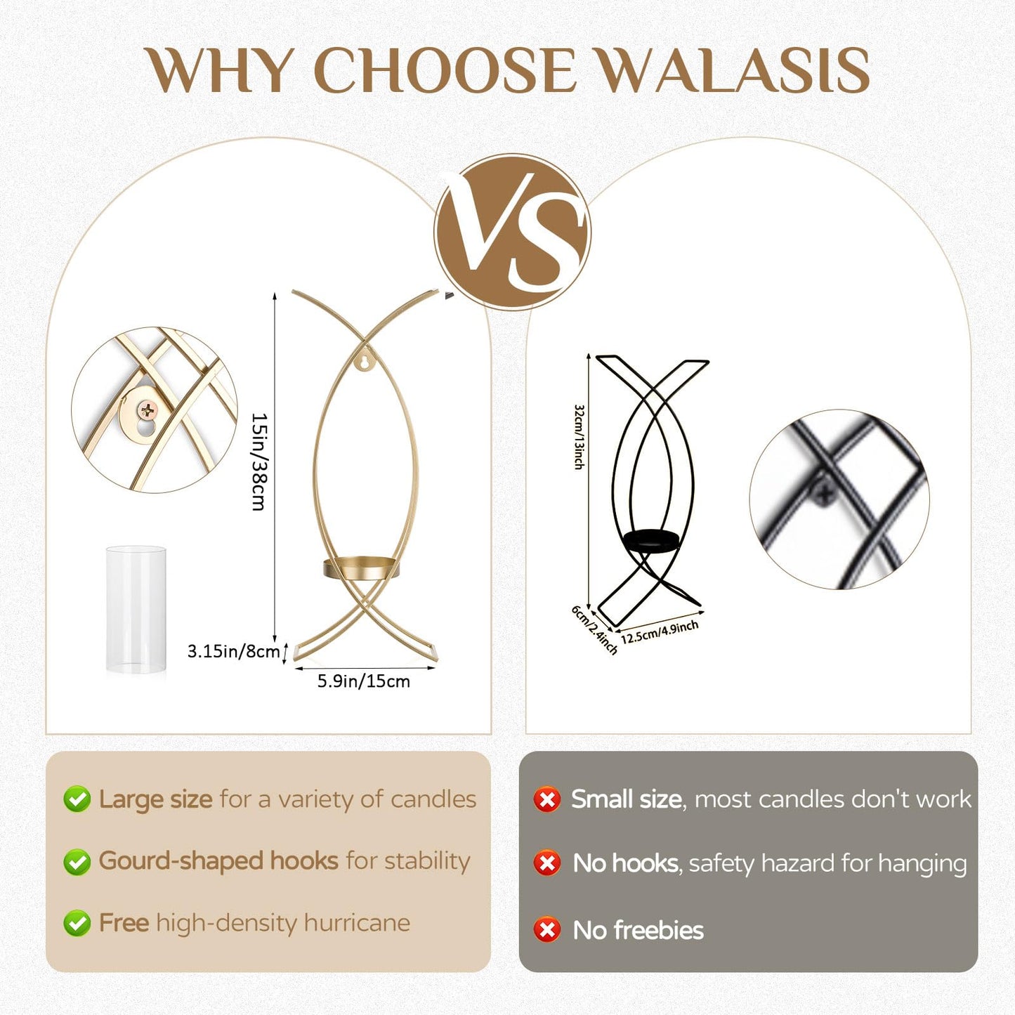 Walasis Candle Sconces Wall Decor Set of 2: Wall Hurricane Candle Holder Modern Metal Wall Mounted Gold Sconces Decorations for Living Room Bedroom Bathroom Hallway Outdoor