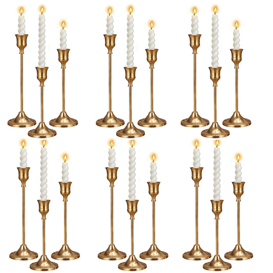 6 Sets Candle Holder Brass Gold Candlestick Holders - HearthLume Vintage Modern Metal Taper Candle Holders, Decorative Centerpiece for Table Mantel, Wedding Kitchen Home Decor, Wedding Gift,18Pcs