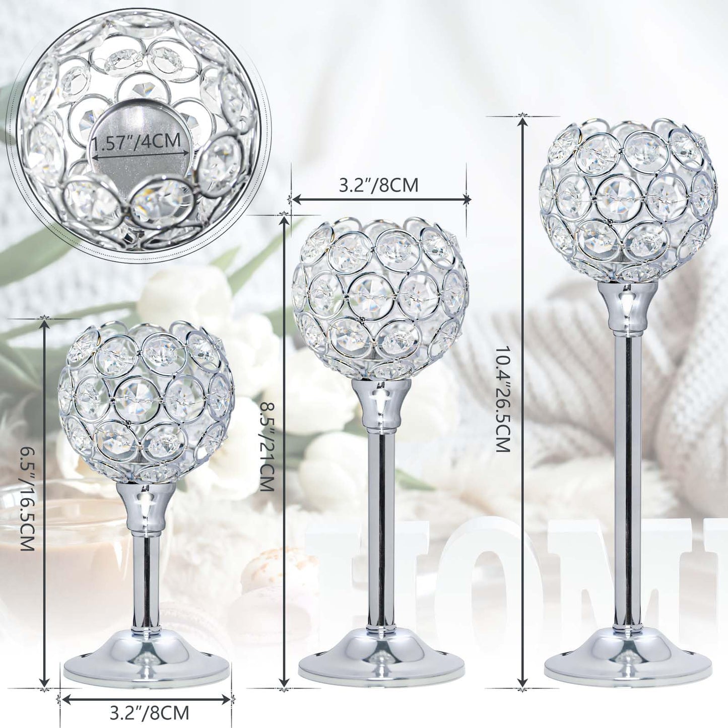 Kehail Set of 3 Silver Crystal Metal Tealight Candlestick, Bling Bowl Candelabras, Tall Votive Candle Holders Elegant Candle Centerpiece for Dining Table Wedding Decor