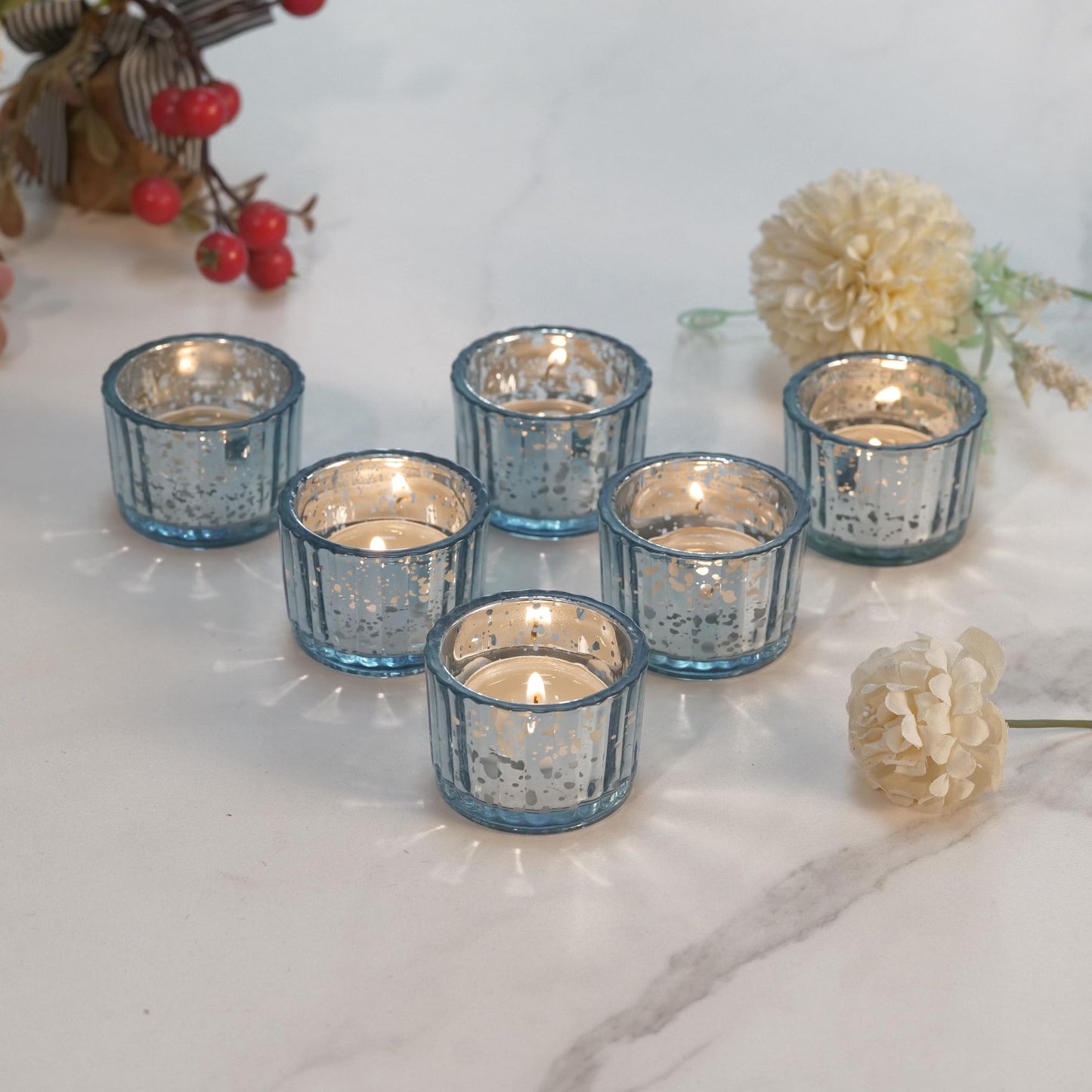 Round Clear Votive Candle Holders Set of 12, Purple Wedding Centerpiece Table Decorations, Mercury Glass Tealight Candle Holder for Bridal Shower, Baby Shower & Home Decor (Blue)