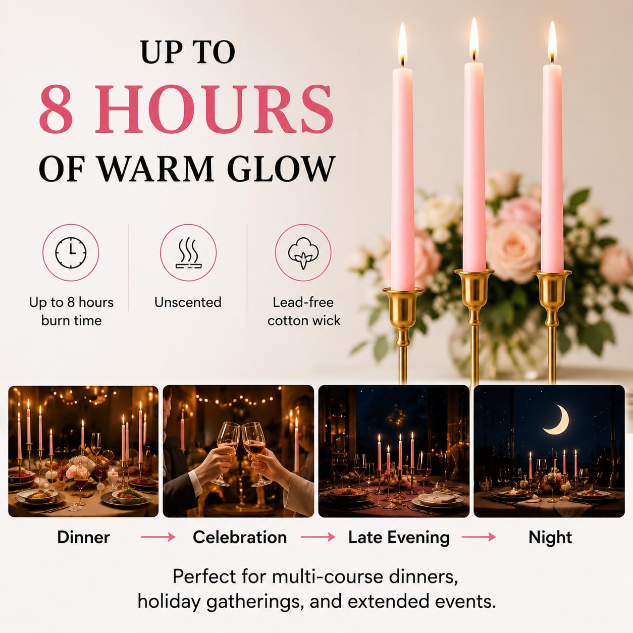 Dinil Pink Taper Candles - 10 Inch Unscented Dripless Smokeless Candlesticks Set of 12 | Perfect for Fall, Halloween, Thanksgiving, Dinner, Wedding and Party Decoration