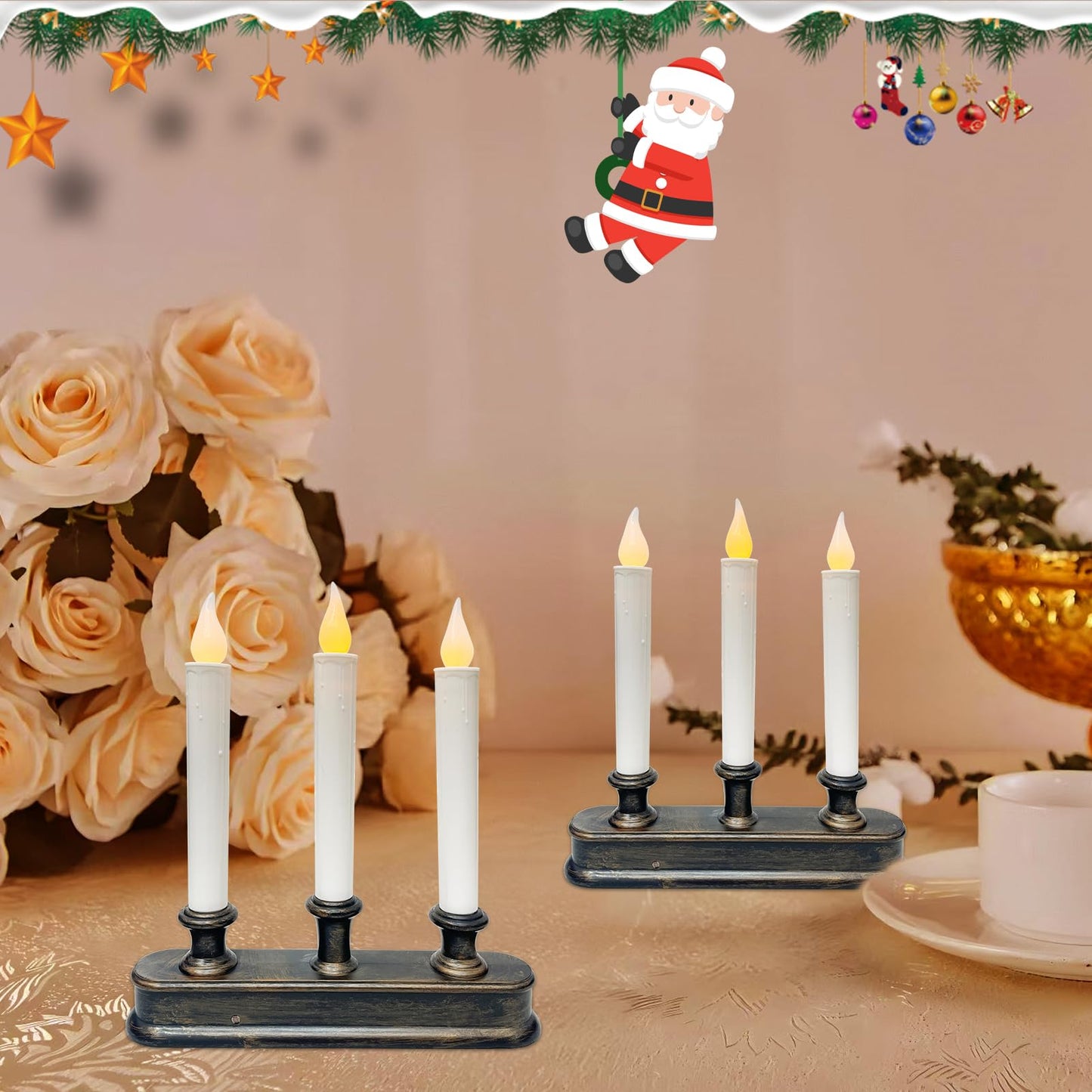 GOOTHY Battery-Operated LED Window Candles with Sensor Dusk to Dawn, 3 Lights Christmas Window Candles with Flickering Flameless LED Lights, 9'' Flameless Taper Candle for Table Home Christmas Decor