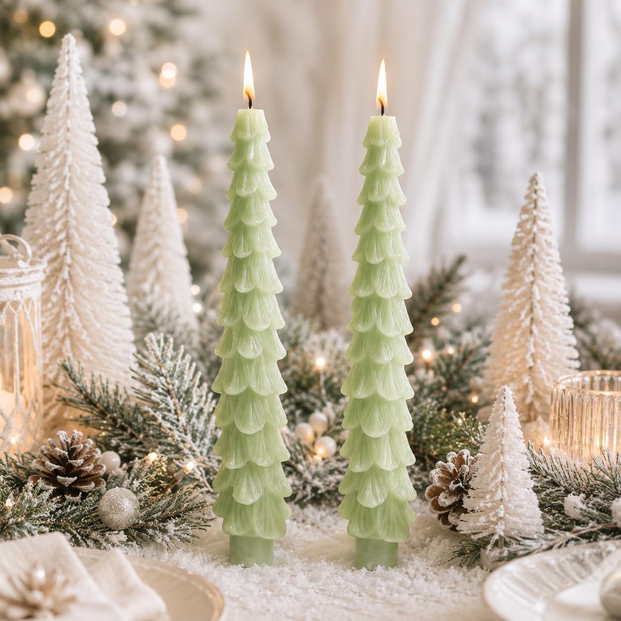 Tree Taper Candles Set of 2, 10 Inch Frosted Sage Handmade Candle Stick, Unscented Candlesticks, Tapered Candles for Holiday Dinner Table Decor Gift