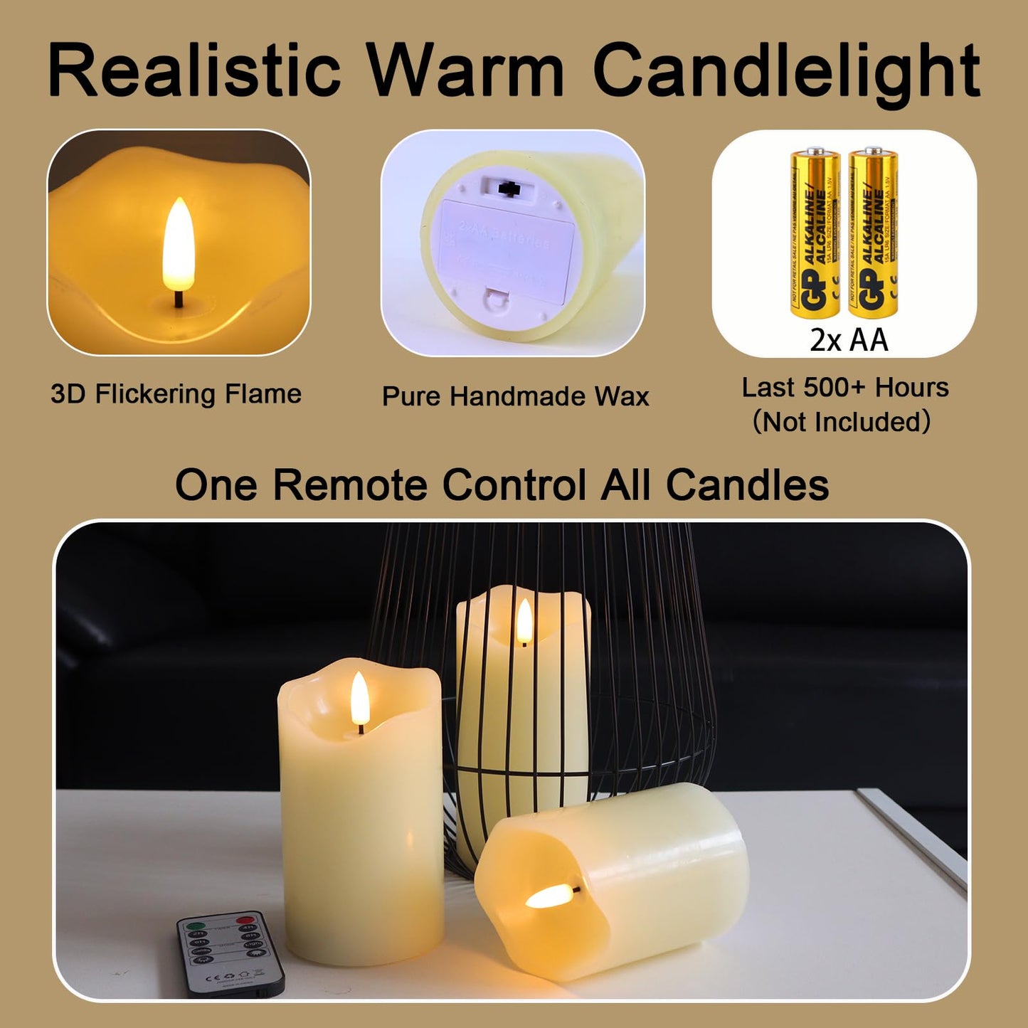 Warmhere Flickering Flameless Candles, Realistic LED Candles Battery Operated with Remote and Timer, Ivory Real Wax Pillar Candle for Christmas Home Wedding Party Decorations, Set of 3