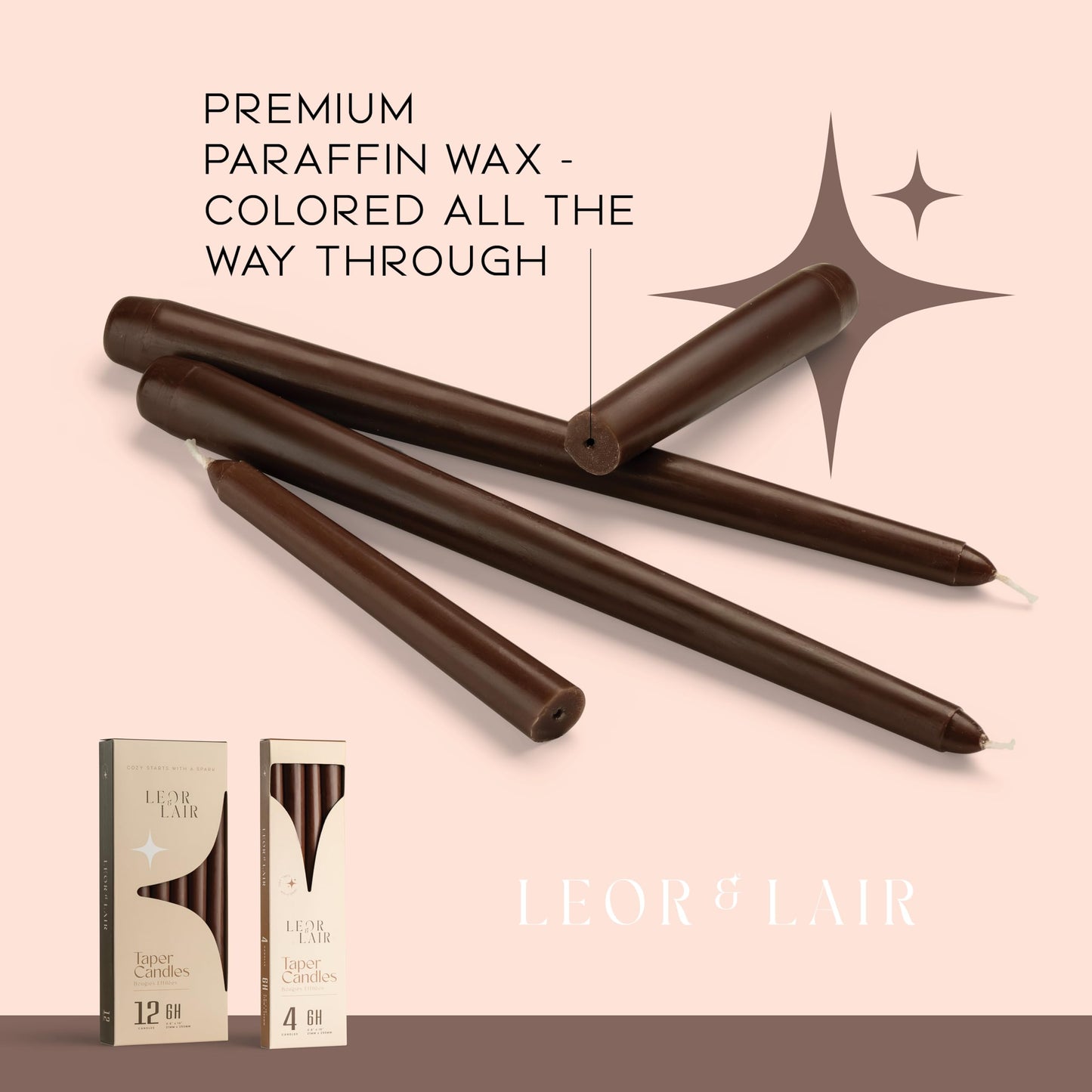 Leor & Lair Brown Taper Candles - 12 Pack 10" Brown Candlesticks - Unscented Long Burning Candle Sticks for Farmhouse Decor, Dinner Table, Holidays, Fall Weddings & Events