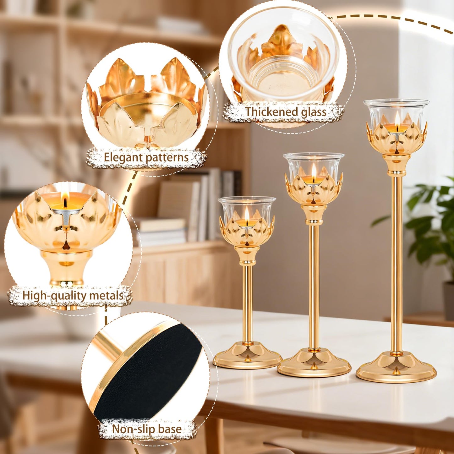 Set of 3 Metal Tea Light Candle Holder with 3 Glass Cups, 12/10/8 Inch Elegant Tealight Candelabra Centerpiece for Wedding Table Decor, Tiered Home Party Decoration (3, Gold)
