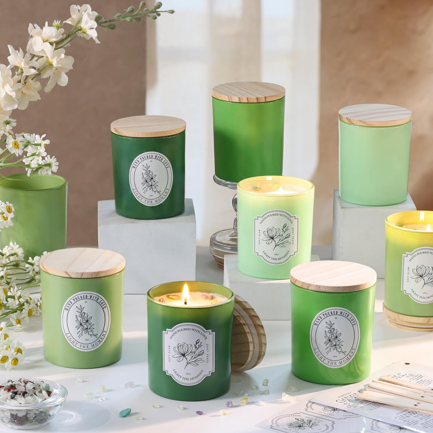 12Pcs Assorted Green Glass Candle Jars with Wooden Lids for Making Candles, 10 OZ Empty Candle Jars with Labels and 100g Crystal Rocks, Candle Making Supplies Candle Containers for Home DIY & GIFTS