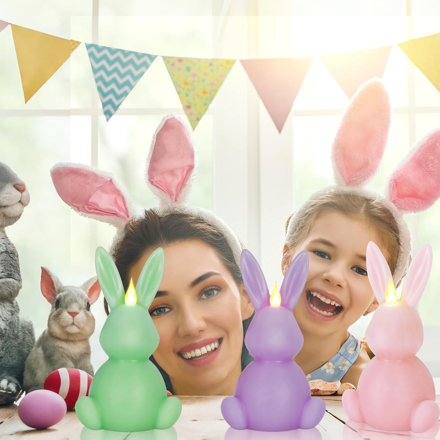 Leorate 3PCS Easter Bunny Flameless Candles – 7.5" Battery Operated LED Rabbit Candles with Flickering Flame, Green Purple Pink Real Wax Finish for Easter Decor, Table Centerpiece & Spring Home
