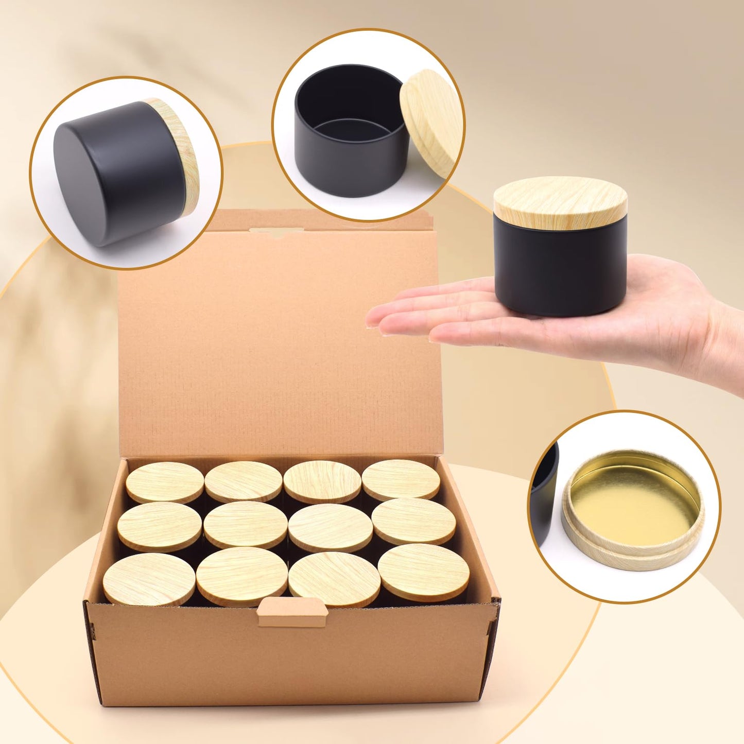 YJHSS 24-Pack 4oz Candle Tins with Wood-Grain Printing Lids, Metal Candle Jars for Candle Making, Empty Containers Vessels Bulk for Small Business & Beginners DIY Storage -Wood Black