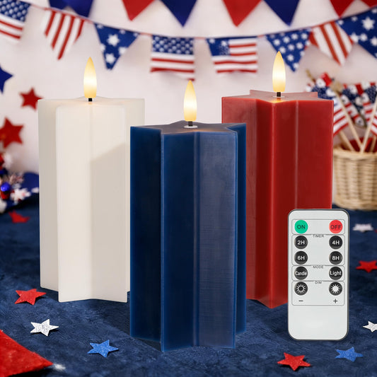 4th of July Flameless Candles with Remote, Red White and Blue Patriotic LED Candles, Battery Operated Star Shaped Decorative Candles for Independence Day Home Party Decor, Set of 3