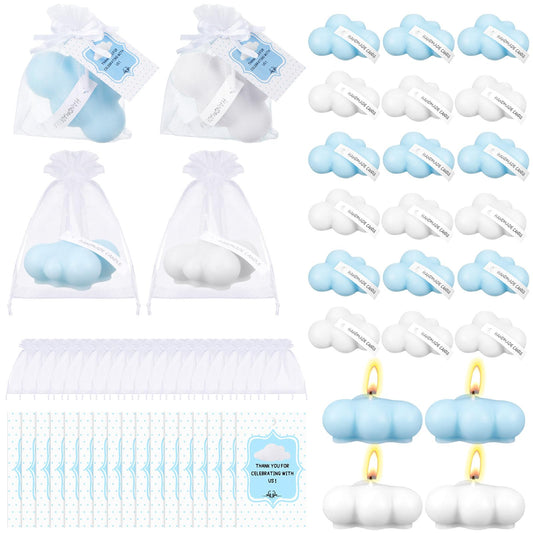 Treela 24 Sets Cloud Baby Shower Party Favors for Guests Small Tealight Candles Thank You Tags Return Gifts for Baby Shower Cloud 9 Theme Party Favor Decorations(Classic,Blue and White)