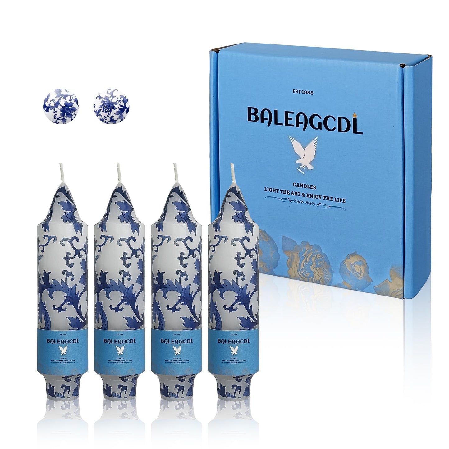 Unscented 5 Inch 4 Pack Blue and White Porcelain Short Taper Candles, Handmade Smokeless Candle Sticks for Candlelight Dinner Valentine's Day Wedding Home Decor